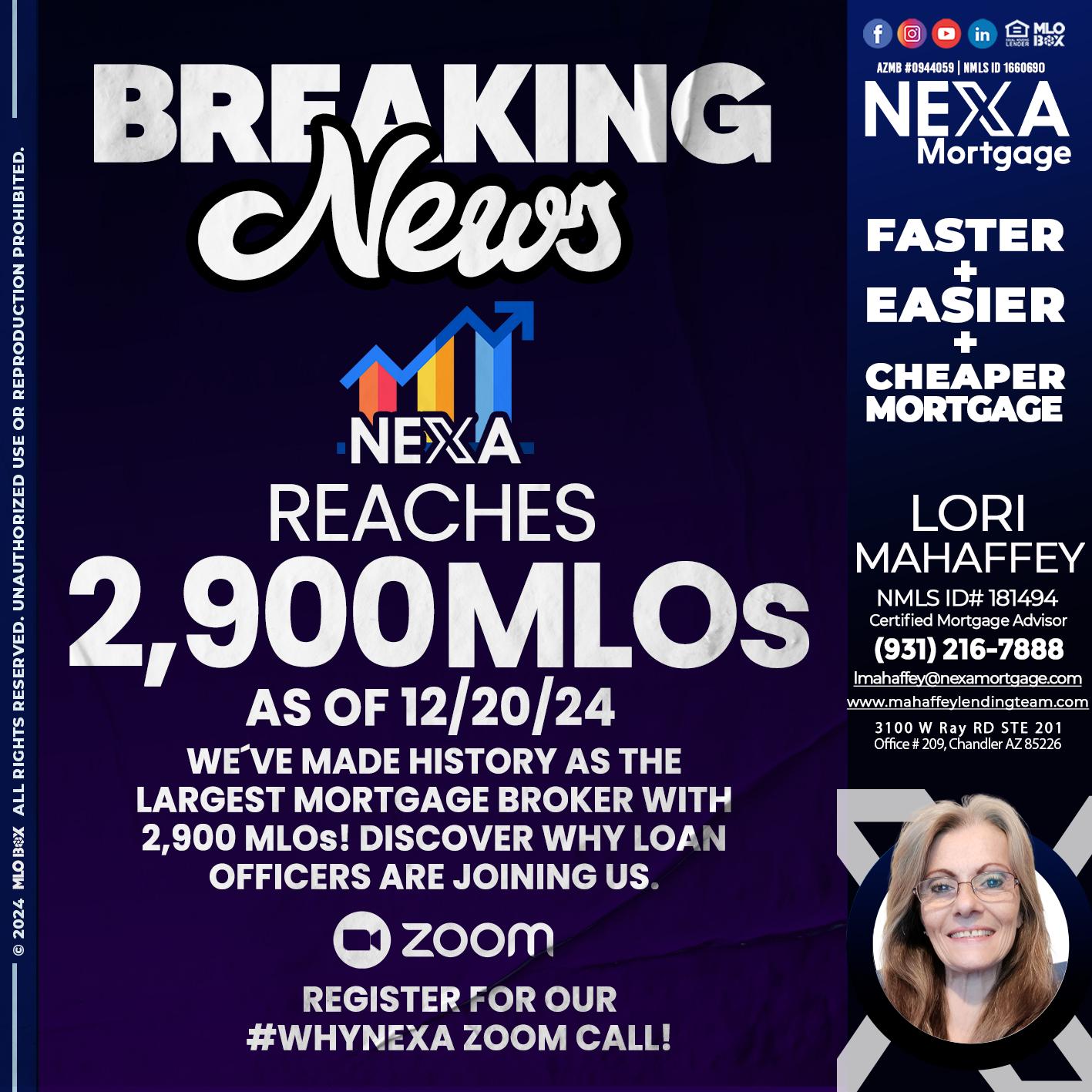 BREAKING NEWS - Lori Mahaffey -Senior Loan Officer, Certified Mortgage Advisor