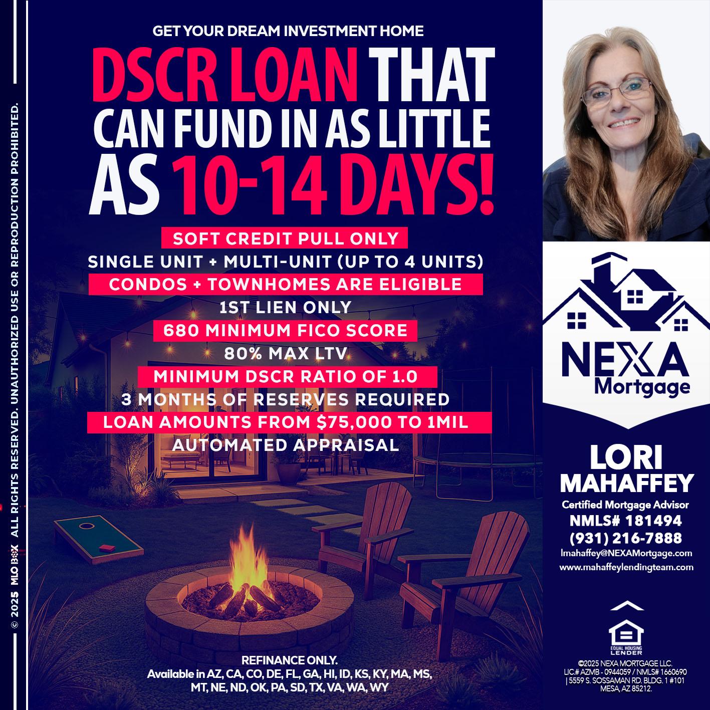 DSCR LOAN - Lori Mahaffey -Senior Loan Officer, Certified Mortgage Advisor