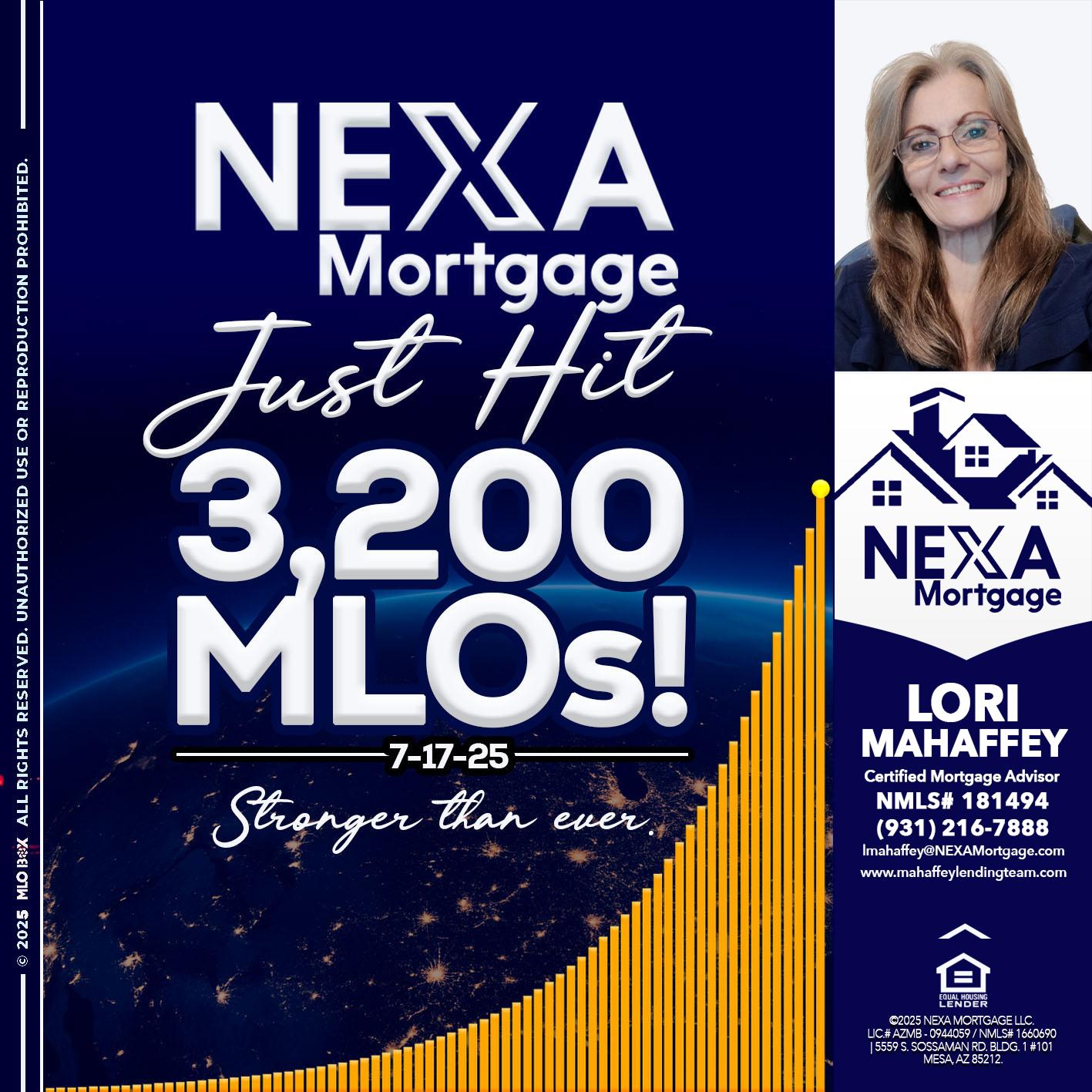 JUST HIT 3,200 MLOs - Lori Mahaffey -Senior Loan Officer, Certified Mortgage Advisor