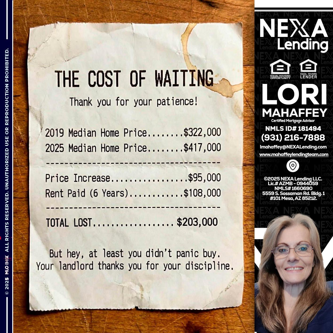 THE COST OF WAITING - Lori Mahaffey -Senior Loan Officer, Certified Mortgage Advisor