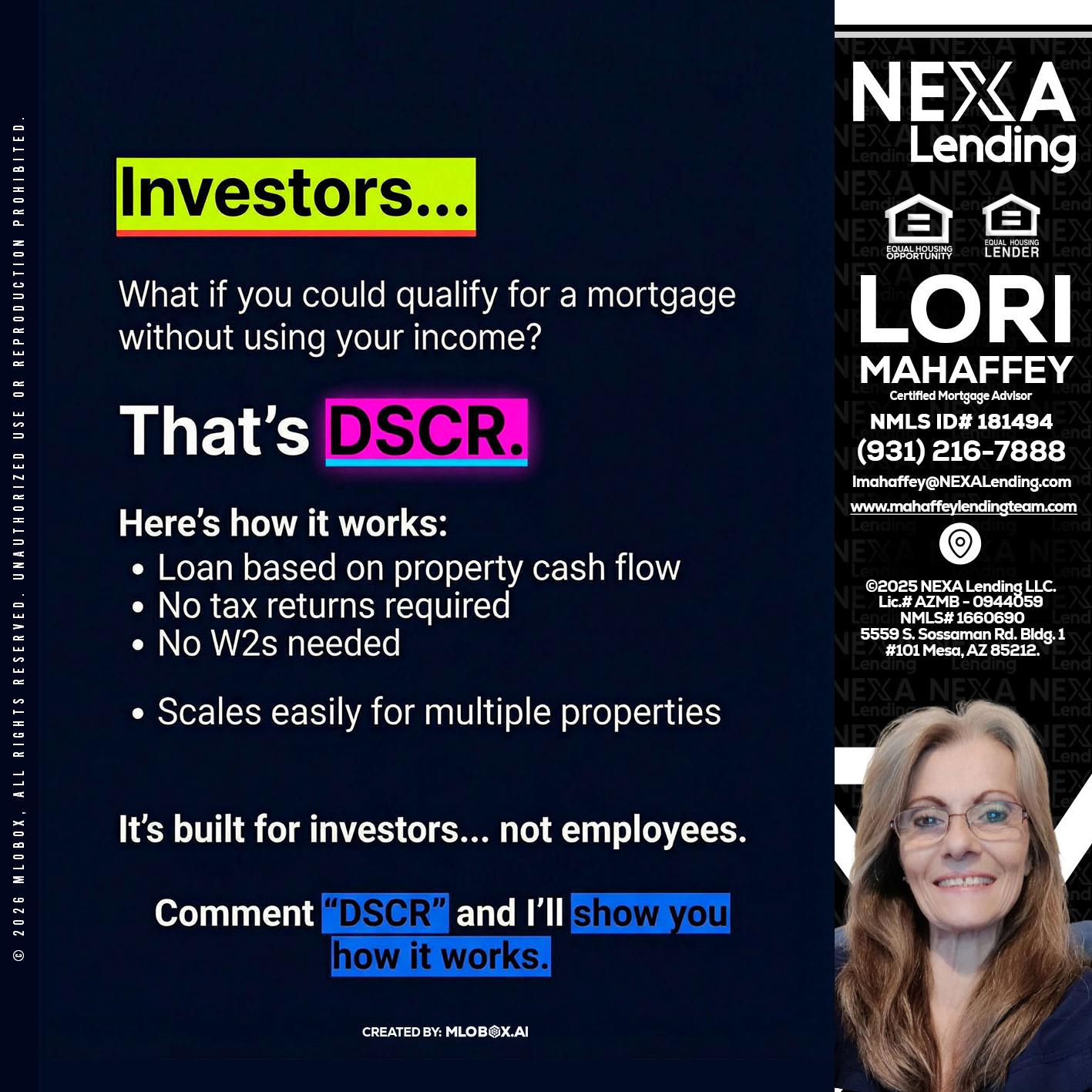 INVESTORS - Lori Mahaffey -Senior Loan Officer, Certified Mortgage Advisor